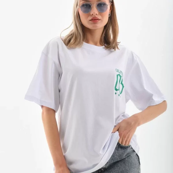 Unisex Baskılı Oversize T-Shirt - Beyaz