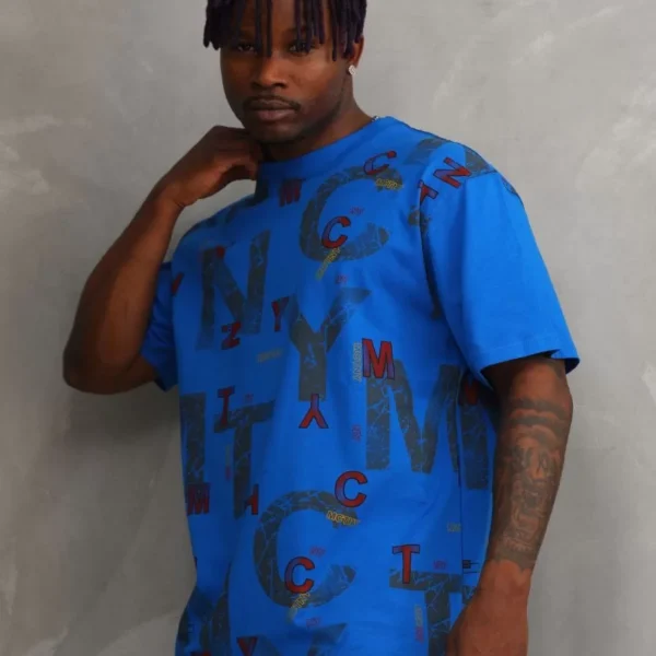 Unisex Baskılı Oversize T-Shirt - Mavi