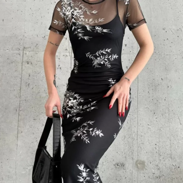 Kadın Baskılı Şifon Kimono Elbise - Siyah