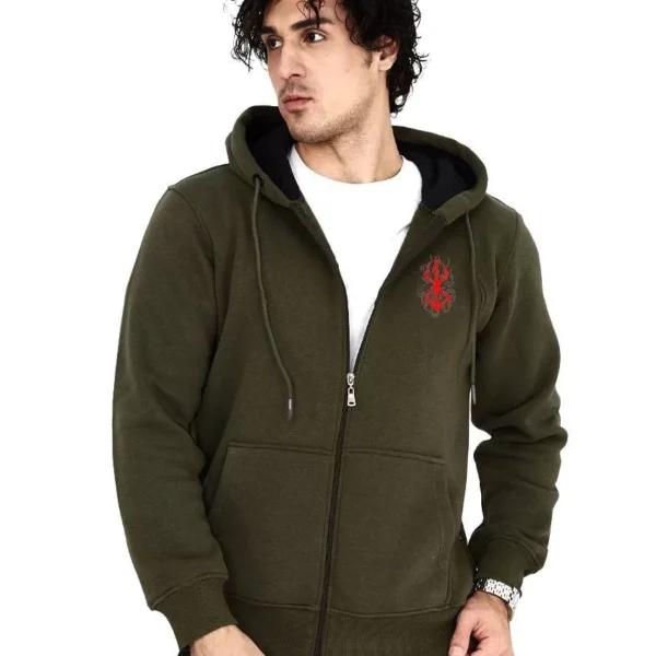 Unisex Baskılı Tam Fermuarlı Kapşonlu SweatShirt - Haki