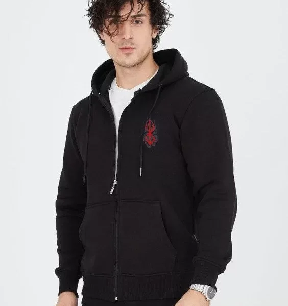 Unisex Baskılı Tam Fermuarlı Kapşonlu SweatShirt - Siyah