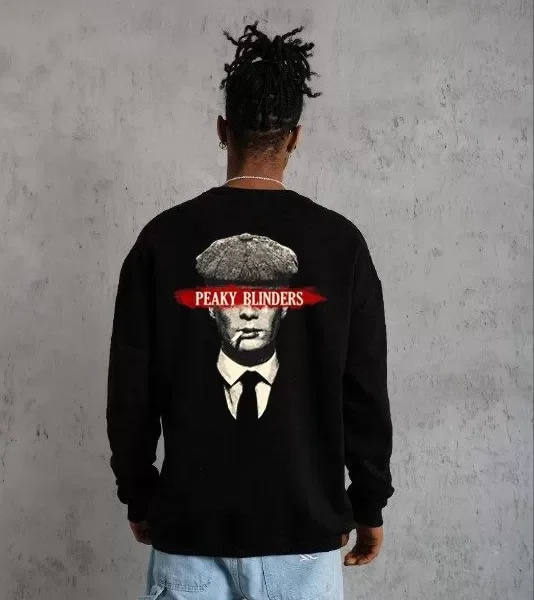 Unisex Bisiklet Yaka Baskılı Oversize Sweatshirt - Siyah