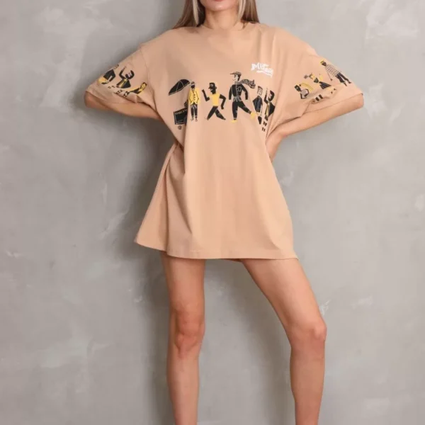 Unisex Bisiklet Yaka Baskılı Oversize T-Shirt - Bej
