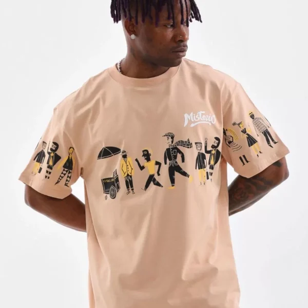 Unisex Bisiklet Yaka Baskılı Oversize T-Shirt - Bej