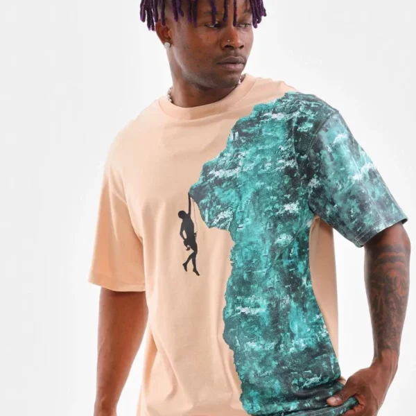 Unisex Bisiklet Yaka Baskılı Oversize T-Shirt - Bej