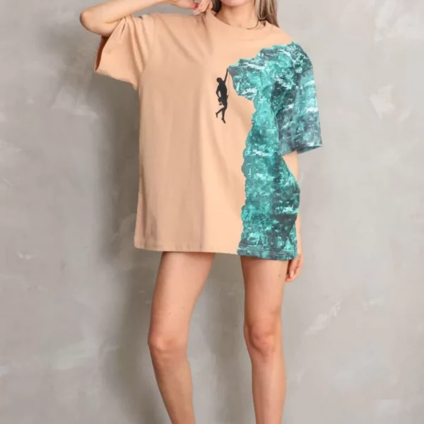 Unisex Bisiklet Yaka Baskılı Oversize T-Shirt - Bej