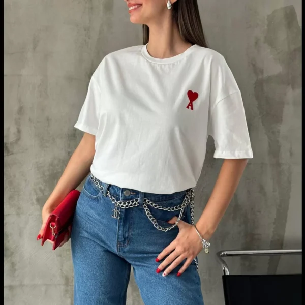 Unisex Bisiklet Yaka Baskılı Oversize T-Shirt - Beyaz