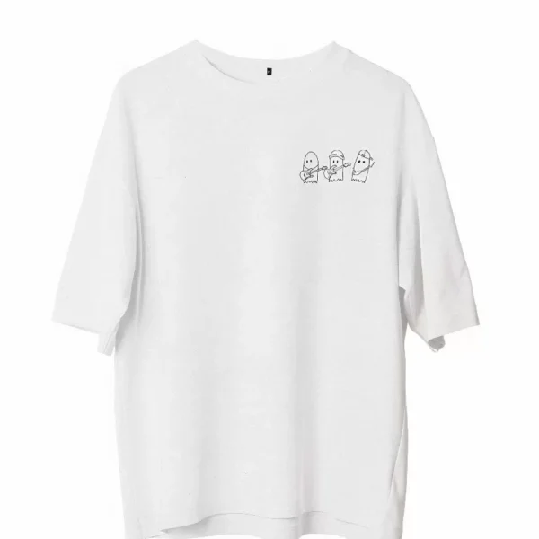 Unisex Bisiklet Yaka Baskılı Oversize T-Shirt - Beyaz