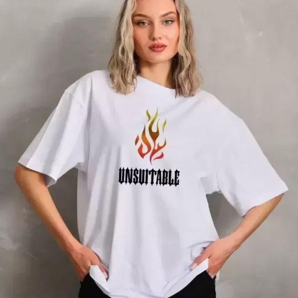 Unisex Bisiklet Yaka Baskılı Oversize T-Shirt - Beyaz