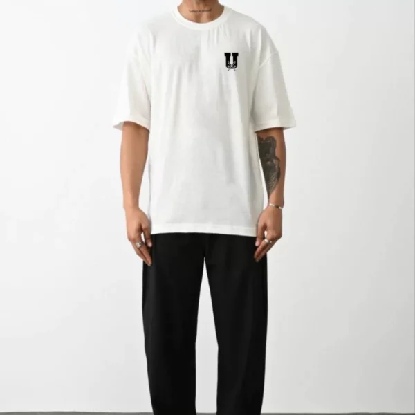 Unisex Bisiklet Yaka Baskılı Oversize T-Shirt - Beyaz