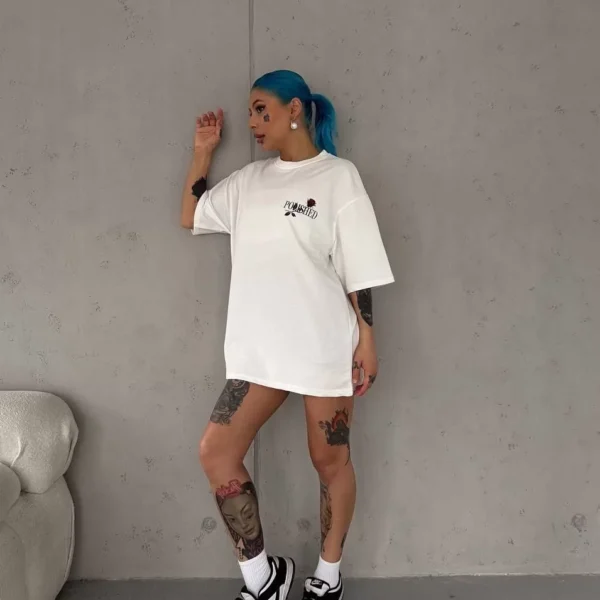 Unisex Bisiklet Yaka Baskılı Oversize T-Shirt - Beyaz