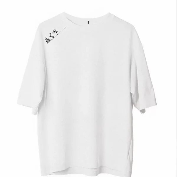 Unisex Bisiklet Yaka Baskılı Oversize T-Shirt - Beyaz