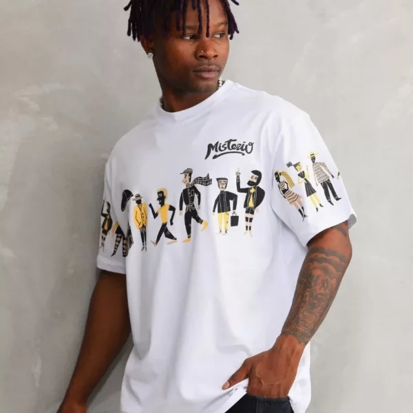 Unisex Bisiklet Yaka Baskılı Oversize T-Shirt - Beyaz