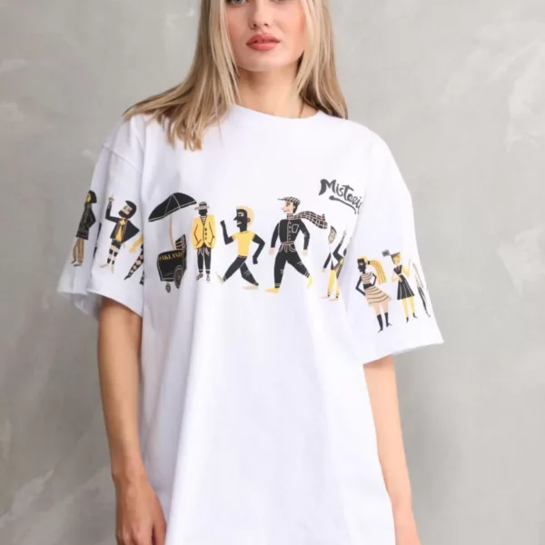 Unisex Bisiklet Yaka Baskılı Oversize T-Shirt - Beyaz