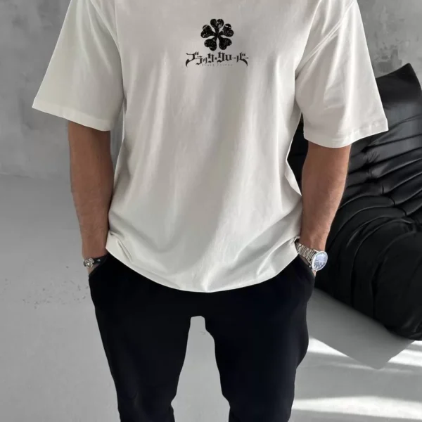 Unisex Bisiklet Yaka Baskılı Oversize T-Shirt - Beyaz