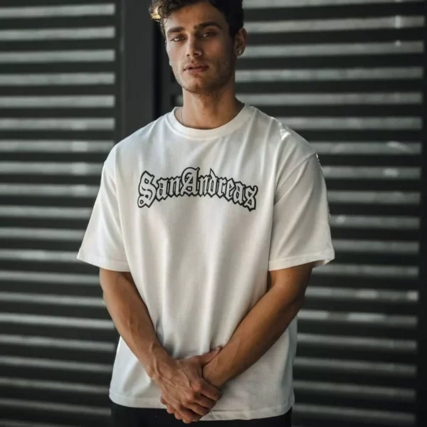 Unisex Bisiklet Yaka Baskılı Oversize T-Shirt - Beyaz