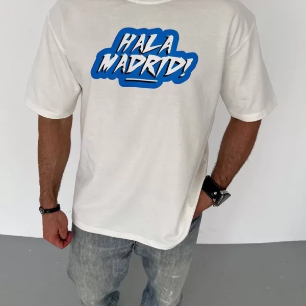 Unisex Bisiklet Yaka Baskılı Oversize T-Shirt - Beyaz