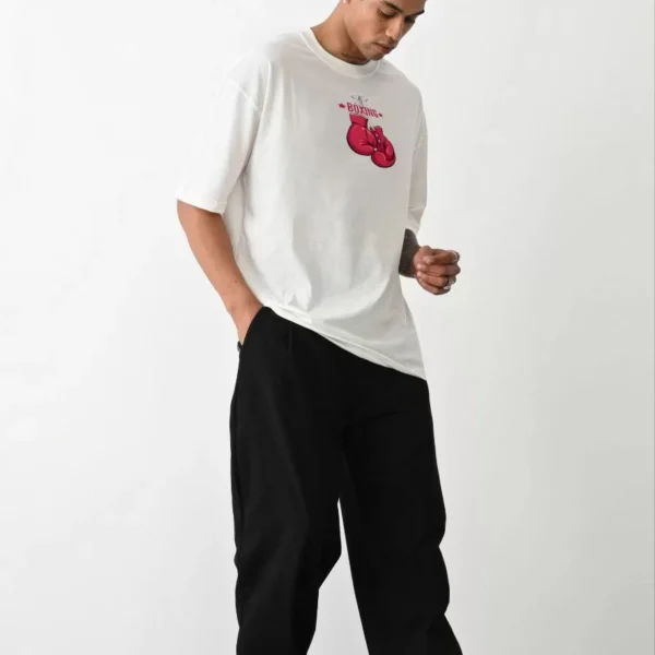 Unisex Bisiklet Yaka Baskılı Oversize T-Shirt - Beyaz