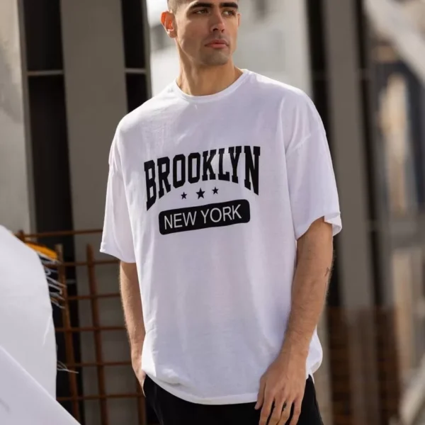 Unisex Bisiklet Yaka Baskılı Oversize T-Shirt - Beyaz