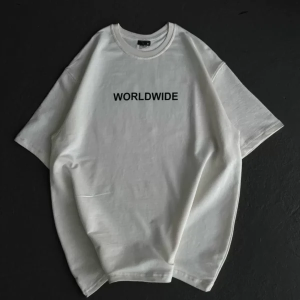 Unisex Bisiklet Yaka Baskılı Oversize T-Shirt - Beyaz