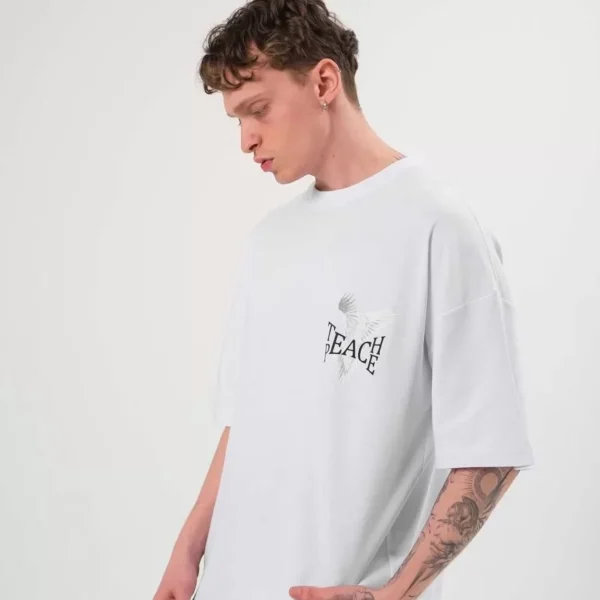 Unisex Bisiklet Yaka Baskılı Oversize T-Shirt - Beyaz