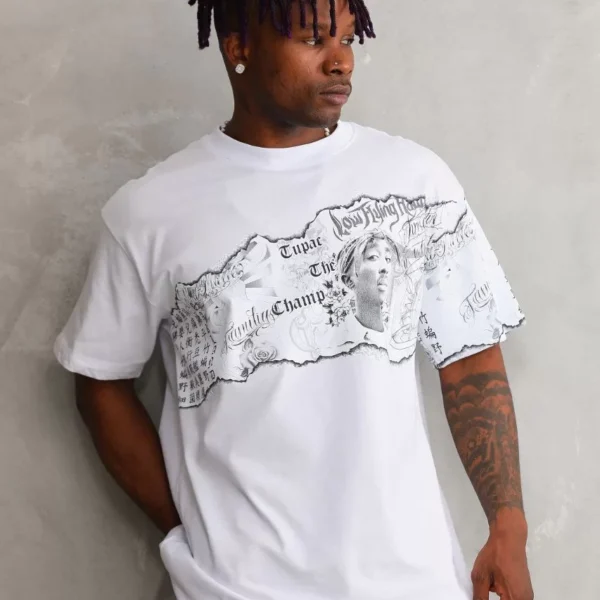 Unisex Bisiklet Yaka Baskılı Oversize T-Shirt - Beyaz