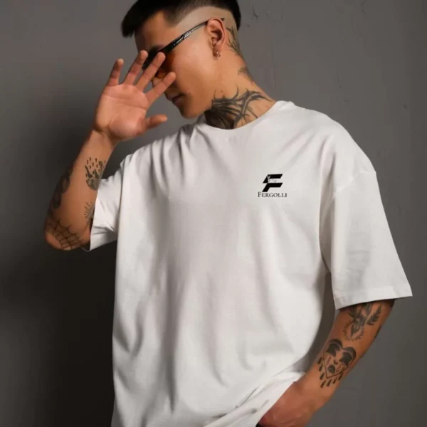 Unisex Bisiklet Yaka Baskılı Oversize T-Shirt - Beyaz