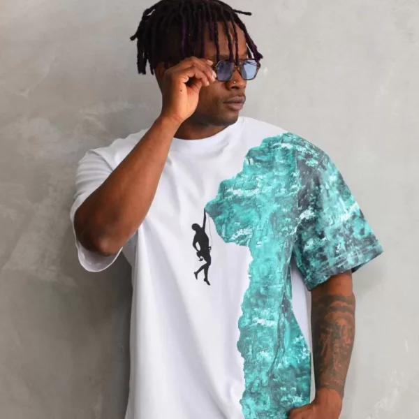 Unisex Bisiklet Yaka Baskılı Oversize T-Shirt - Beyaz