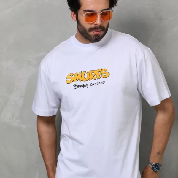 Unisex Bisiklet Yaka Baskılı Oversize T-Shirt - Beyaz