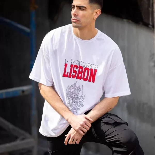 Unisex Bisiklet Yaka Baskılı Oversize T-Shirt - Beyaz