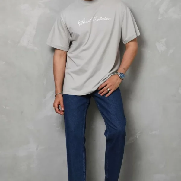 Unisex Bisiklet Yaka Baskılı Oversize T-Shirt - Gri