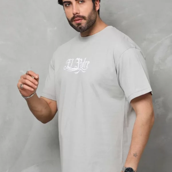 Unisex Bisiklet Yaka Baskılı Oversize T-Shirt - Gri