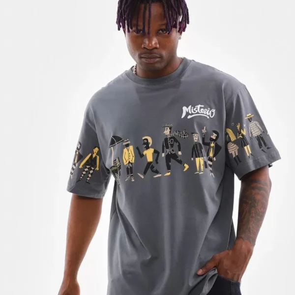 Unisex Bisiklet Yaka Baskılı Oversize T-Shirt - Gri