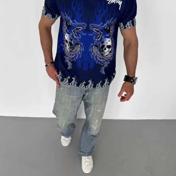 Unisex Bisiklet Yaka Baskılı Oversize T-Shirt - Lacivert