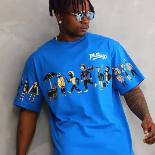 Unisex Bisiklet Yaka Baskılı Oversize T-Shirt - Mavi