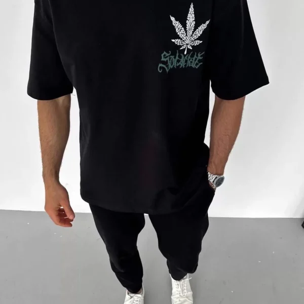 Unisex Bisiklet Yaka Baskılı Oversize T-Shirt - Siyah