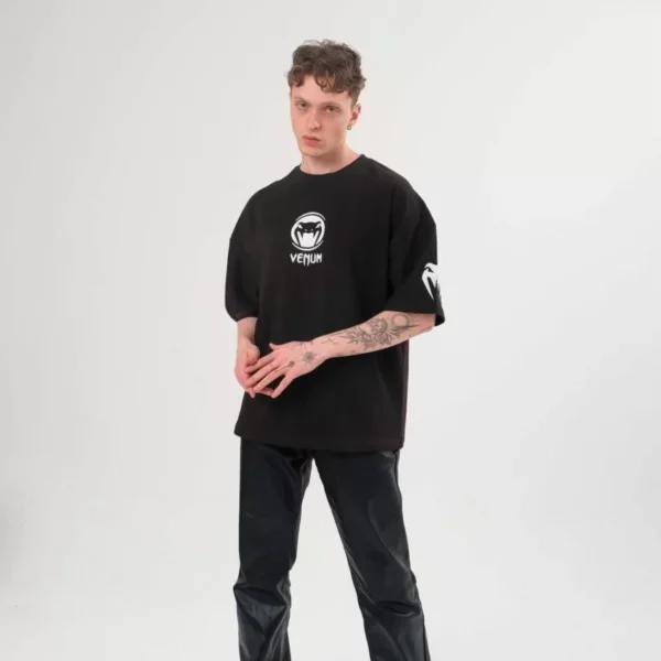 Unisex Bisiklet Yaka Baskılı Oversize T-Shirt - Siyah