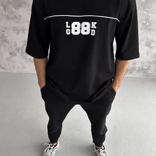 Unisex Bisiklet Yaka Baskılı Oversize T-Shirt - Siyah