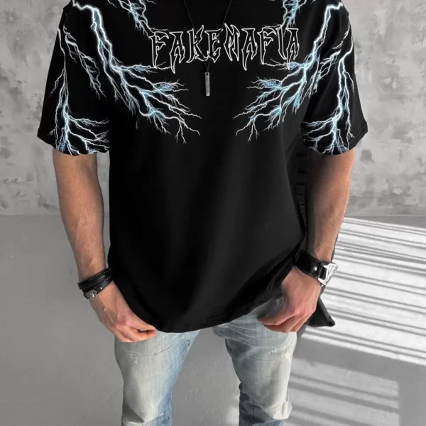 Unisex Bisiklet Yaka Baskılı Oversize T-Shirt - Siyah