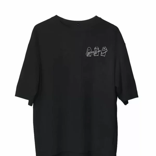 Unisex Bisiklet Yaka Baskılı Oversize T-Shirt - Siyah