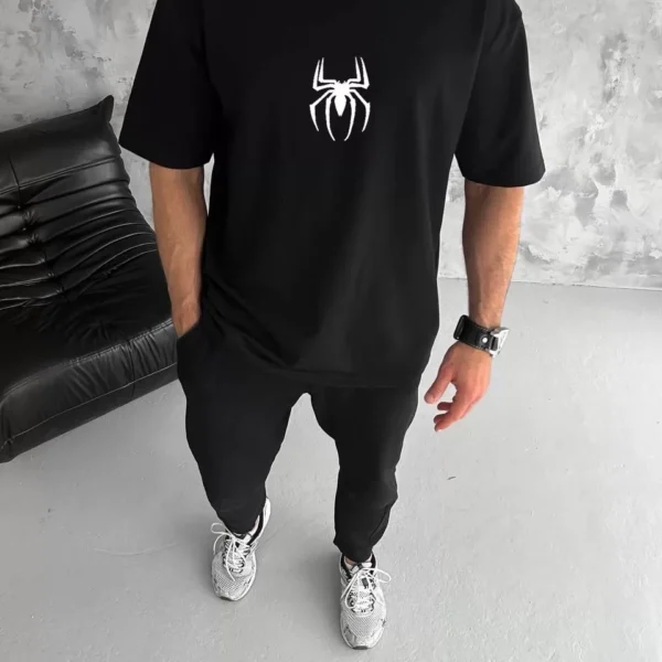 Unisex Bisiklet Yaka Baskılı Oversize T-Shirt - Siyah