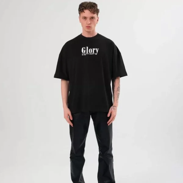Unisex Bisiklet Yaka Baskılı Oversize T-Shirt - Siyah