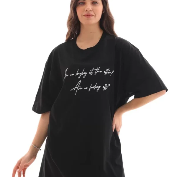 Unisex Bisiklet Yaka Baskılı Oversize T-Shirt - Siyah