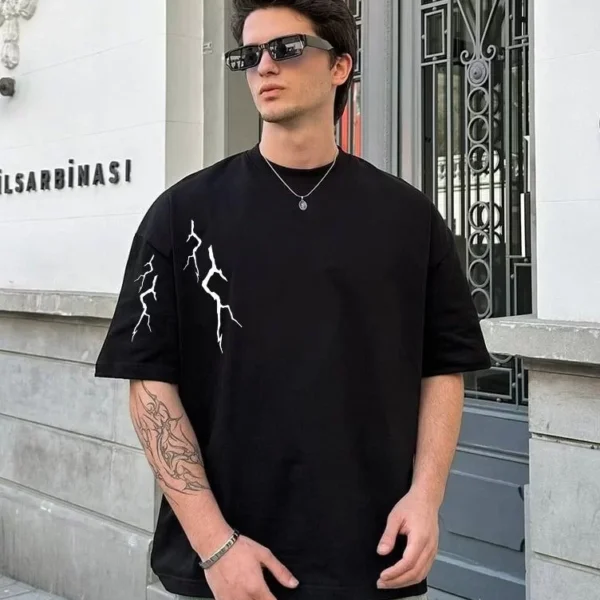 Unisex Bisiklet Yaka Baskılı Oversize T-Shirt - Siyah