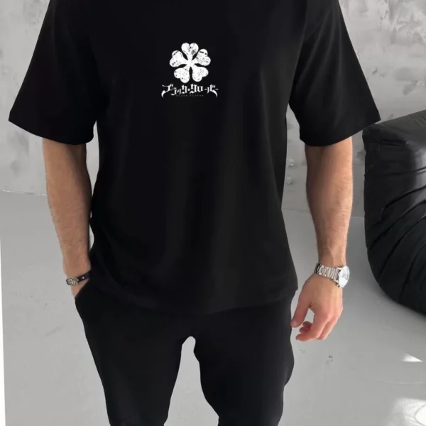 Unisex Bisiklet Yaka Baskılı Oversize T-Shirt - Siyah