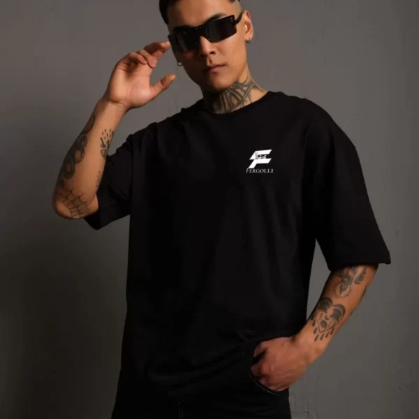 Unisex Bisiklet Yaka Baskılı Oversize T-Shirt - Siyah