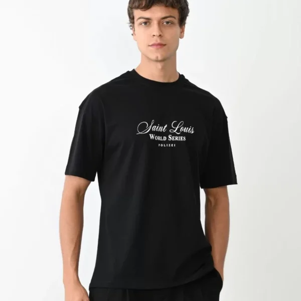 Unisex Bisiklet Yaka Baskılı Oversize T-Shirt - Siyah