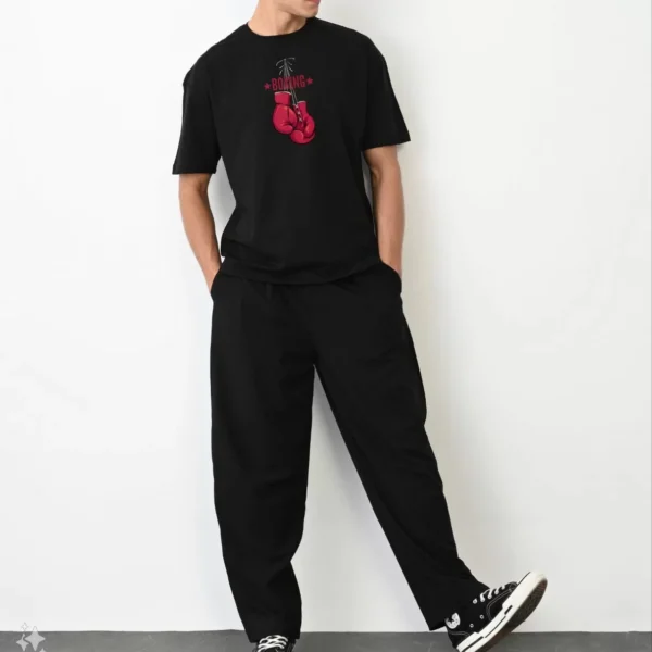 Unisex Bisiklet Yaka Baskılı Oversize T-Shirt - Siyah