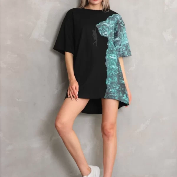 Unisex Bisiklet Yaka Baskılı Oversize T-Shirt - Siyah