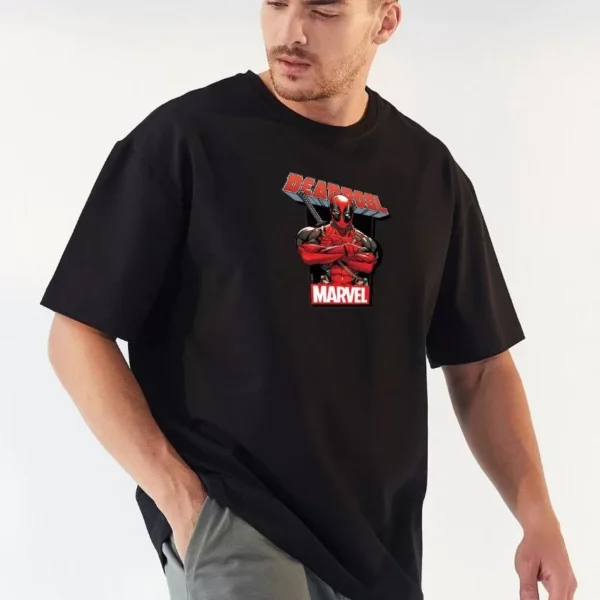 Unisex Bisiklet Yaka Baskılı Oversize T-Shirt - Siyah